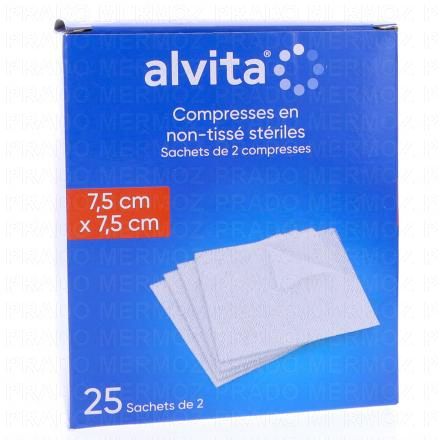 ALVITA Compresses en non-tissé stériles (taille 7,5*7,5 cm - 25 sachets de 2 compresses)